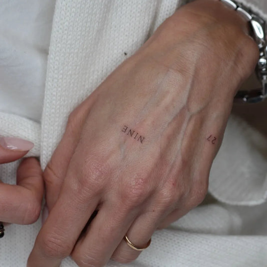 Tiny Minimalist Numbers on Women Hand Tattoo by @mart.inus
