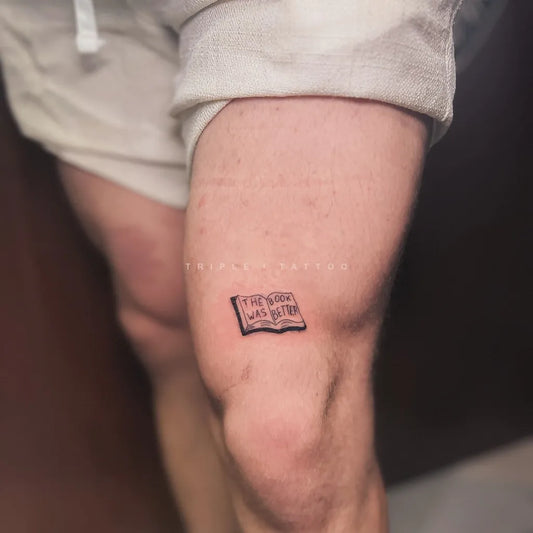Tiny Minimalist Open Book on Men Knee Tattoo by @3pleitattoo