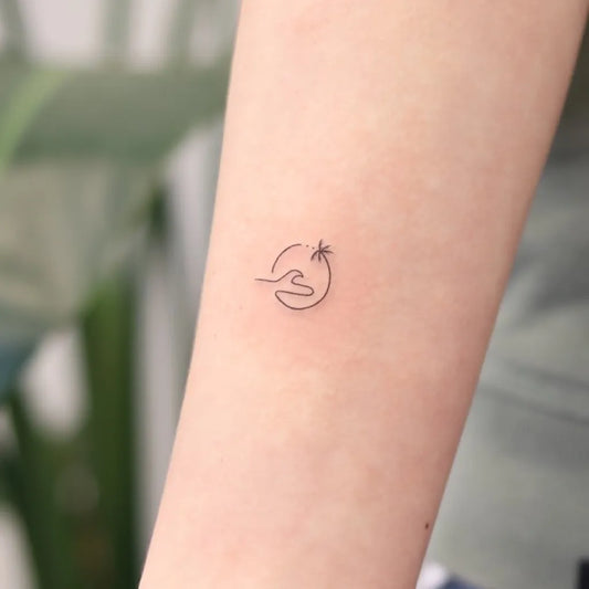 Tiny Minimalist Palm Tree Wave Sun Tattoo on Women Forearm by @wittybutton_tattoo
