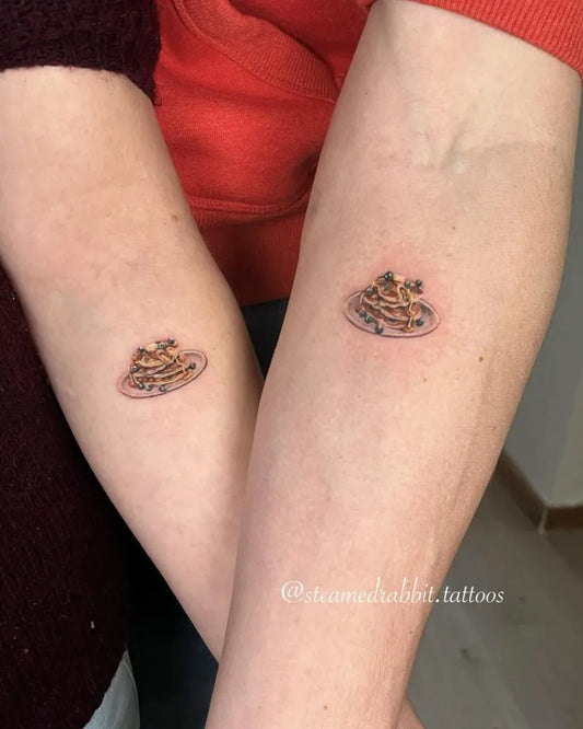 Tiny Minimalist Pancake Stack on Women Arm Tattoo by @steamedrabbit