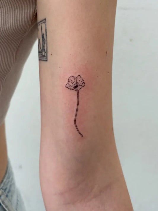 Tiny Minimalist Poppy Flower on Women Arm Tattoo by @capritatts