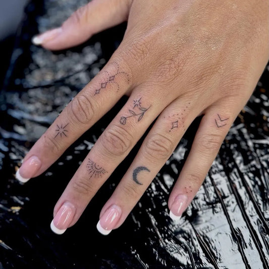 Tiny Minimalist Rose Star Moon on Women Fingers Tattoo by @ink_by_jessrose