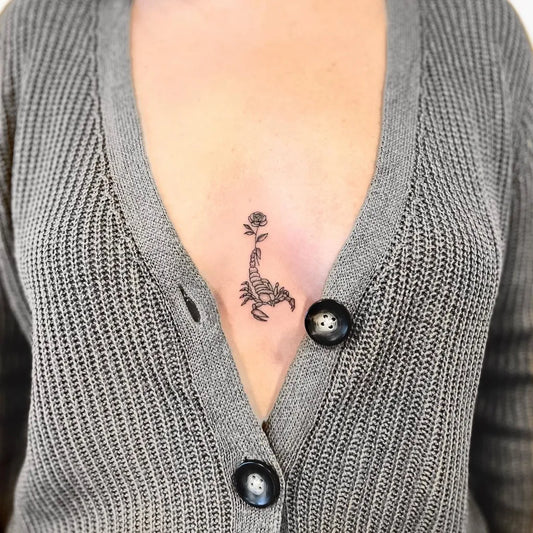 Tiny Minimalist Scorpion and Rose on Women Sternum Tattoo by @dontsleepvincci