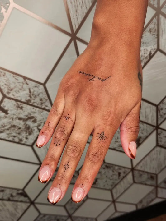 Tiny Minimalist Script and Stars on Women Fingers Tattoo by @kattystrophic