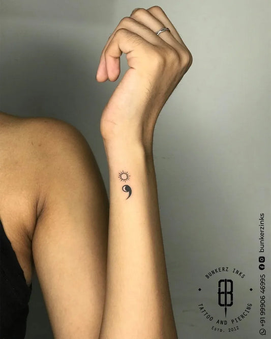 Tiny Minimalist Semicolon Circle on Women Wrist Tattoo by @bunkerzinks