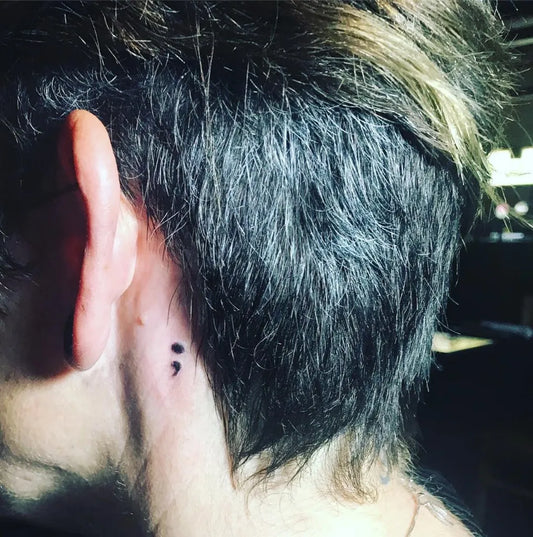 Tiny Minimalist Semicolon Dots on Men Behind Ear Tattoo by @liza.avni