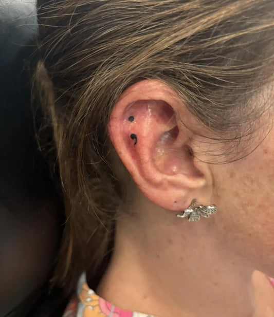 Tiny Minimalist Semicolon Dots on Women Ear Tattoo by @a_vita_tattoo