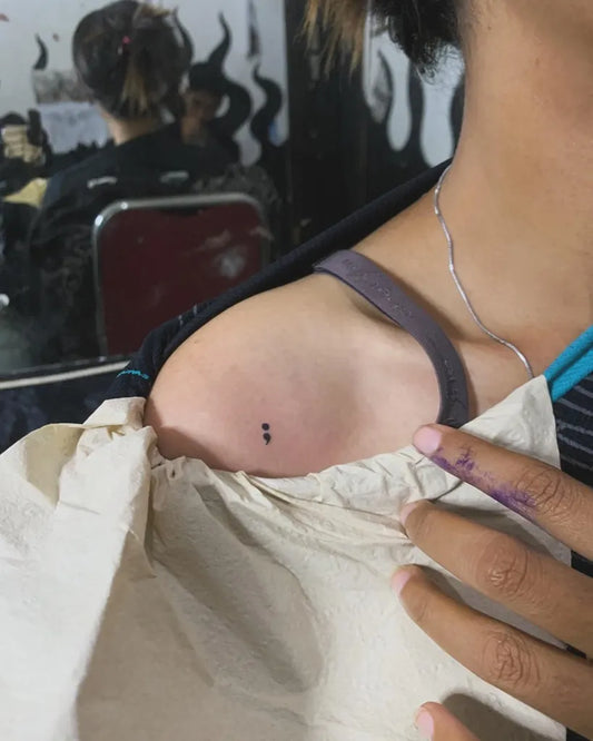 Tiny Minimalist Semicolon Dots on Women Shoulder Tattoo by @bondtattoo_lampung