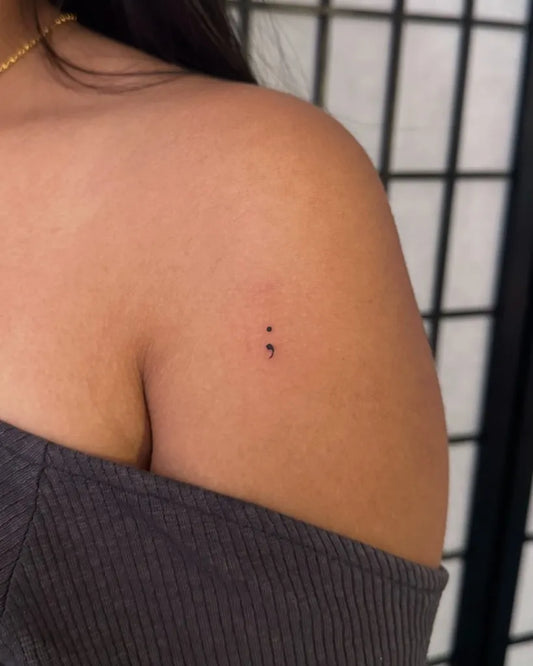 Tiny Minimalist Semicolon Dots on Women Shoulder Tattoo by @irezumijun