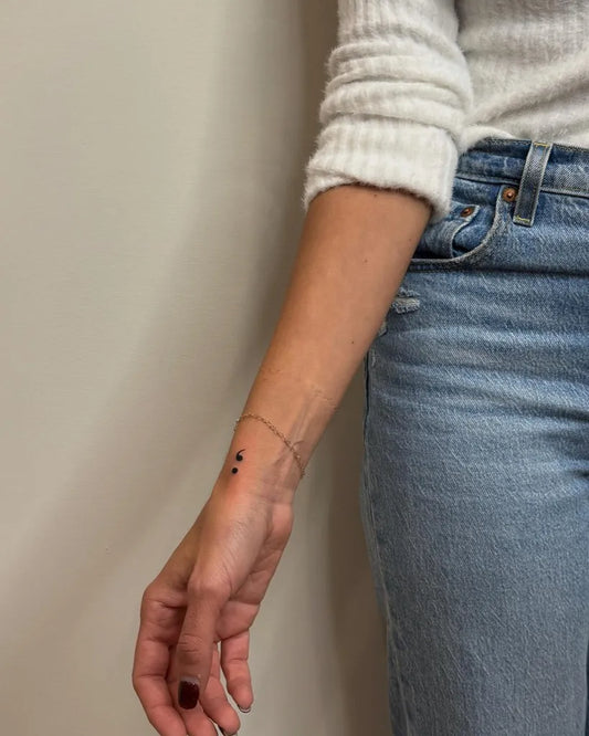 Tiny Minimalist Semicolon and Dots on Women Wrist Tattoo by @luxebeauty.ca
