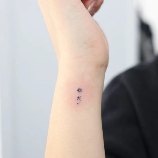 Tiny Minimalist Semicolon and Stars on Women Wrist Tattoo by @wittybutton_tattoo