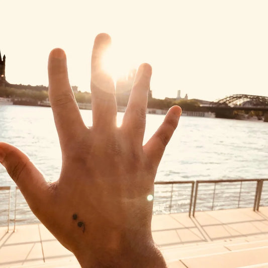 Tiny Minimalist Semicolon on Men Hand Tattoo by @gokula_krishnann