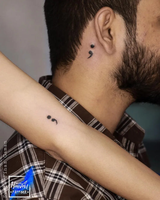 Tiny Minimalist Semicolon on Men Neck Tattoo by @blue_heaven_tattooz