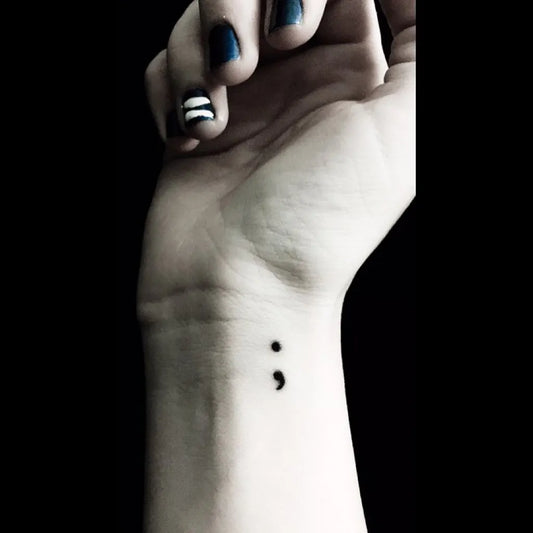 Tiny Minimalist Semicolon on Women Wrist Tattoo by @sarasvarda