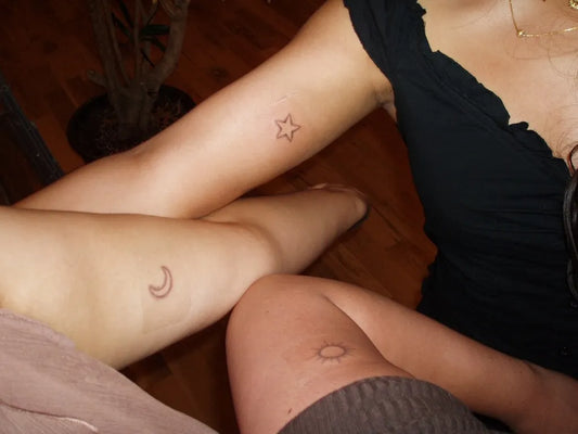 Tiny Minimalist Star Moon Circle on Friends Arms Legs Matching Tattoo by @inkbycamii