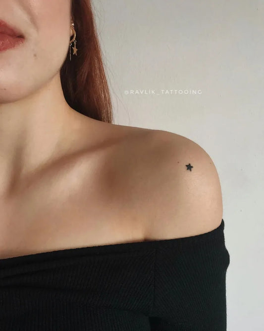Tiny Minimalist Star on Women Shoulder Tattoo by @ravlik_tattooing