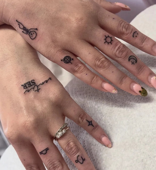 Tiny Minimalist Stars Moon Sun on Women Fingers Tattoo by @tashdrawsfineline