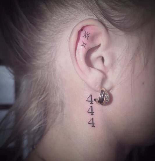 Tiny Minimalist Stars and 444 on Women Ear Tattoo by @riomarwever