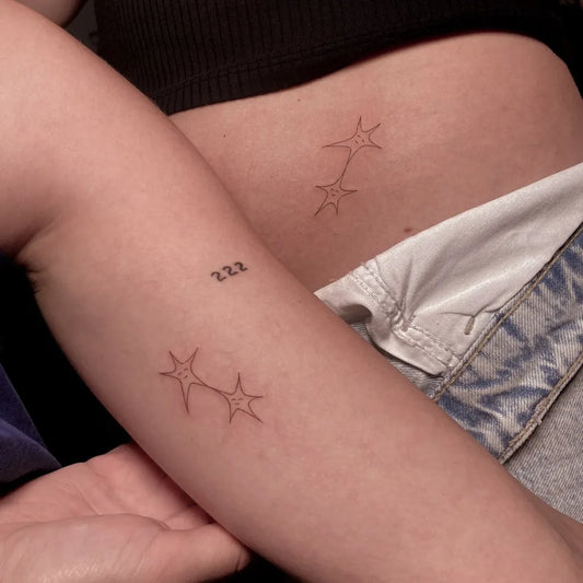 Tiny Minimalist Stars and Numbers on Women Arm Tattoo by @turkantugcetufan