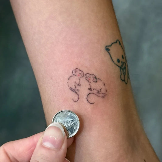 Tiny Minimalist Two Mice and Cat on Women Arm Tattoo by @studiovanassa