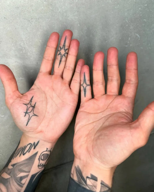 Tiny Outline Star Tattoo on Men Fingers by @lukeaashley
