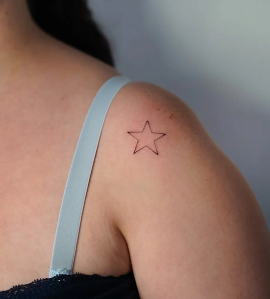 Tiny Outline Star Tattoo on Women Shoulder by @malejink_