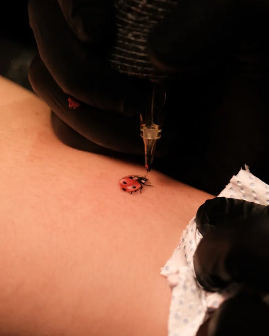 Tiny Realism Ladybug Tattoo on Women Arm by @hugomarques_tattooer