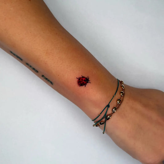 Tiny Realism Ladybug Tattoo on Women Wrist by @prez_tatz