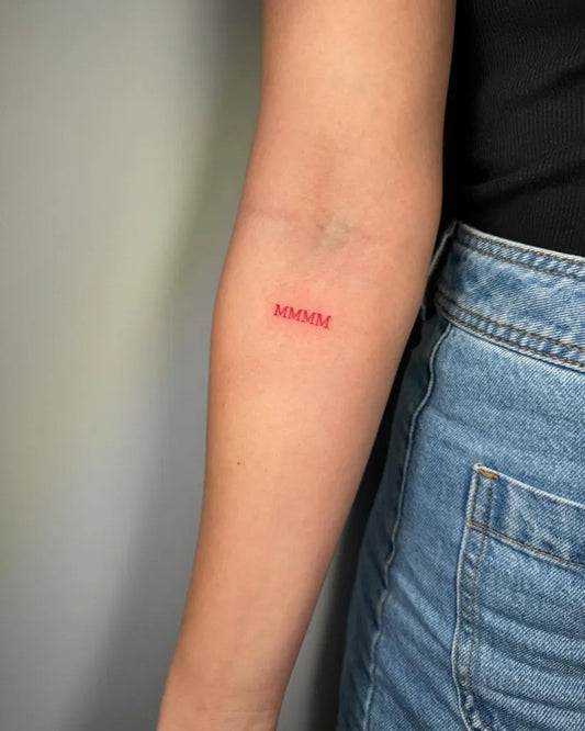 Tiny Red Mom Tattoo on Women Forearm by @gem__ink