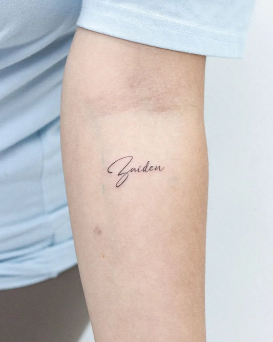 Tiny Script Jaden on Women Forearm Tattoo by @jiyoo_tattoo