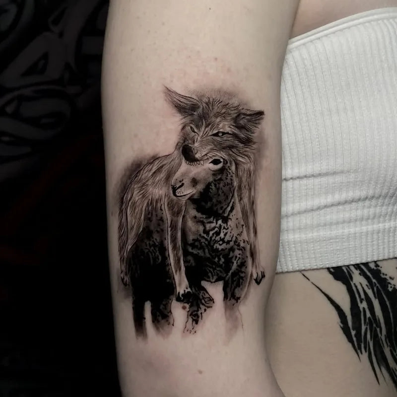 black and grey sheep in wolf's clothing tattoo on woman upper arm