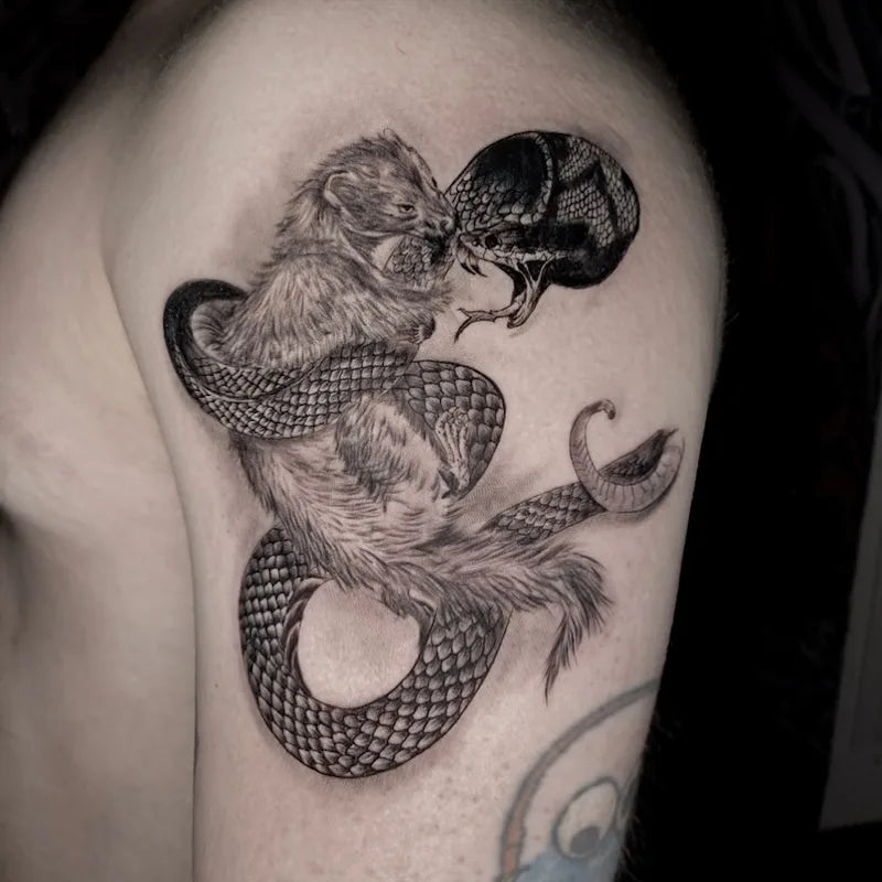 black and grey snake and rat tattoo