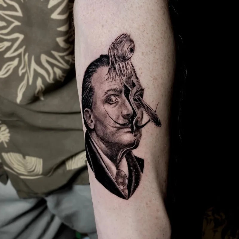 black and grey realism Salvador Dali creepy eyeball portrait tattoo on arm