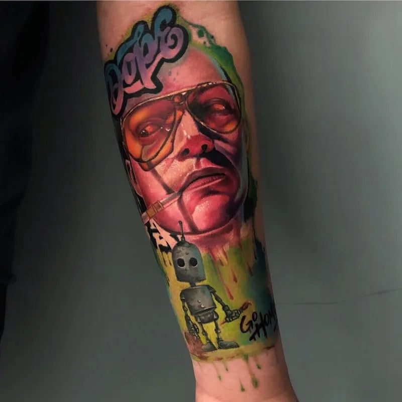 colorful man with glasses and cigarette portrait color realism tattoo