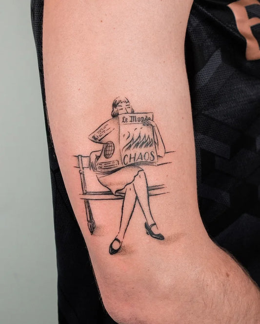 woman reading newspaper tattoo
