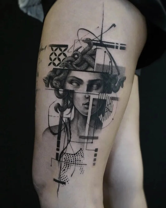 Geometric Medusa Abstract Tattoo on woman thigh