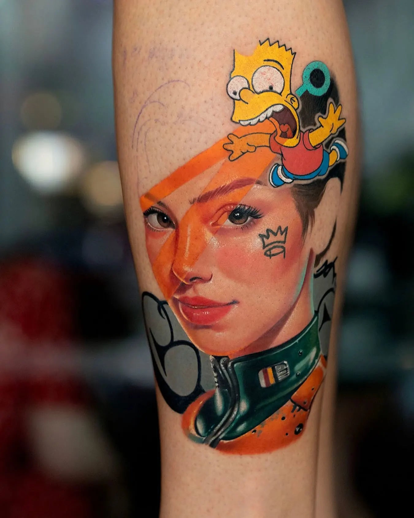 abstract Simpsons and realistic woman face portrait tattoo
