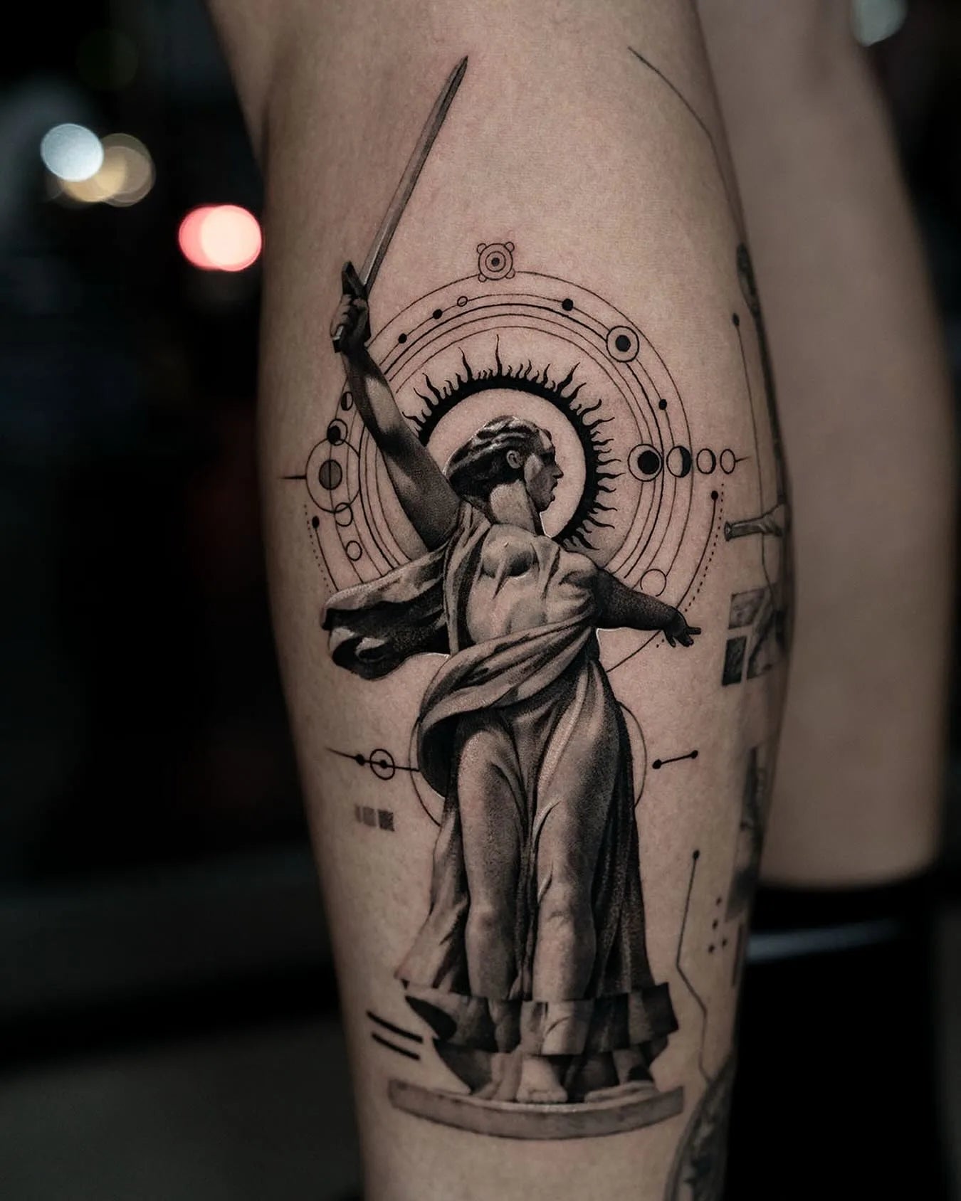 black and grey Tattoo of the Statue of Liberty