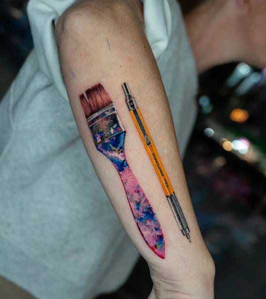 realistic painting brush and pen tattoo