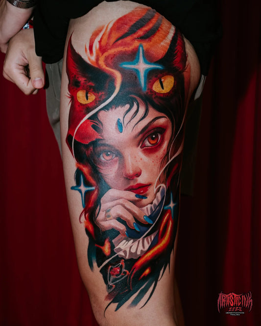 neo traditional red cat woman face tattoo