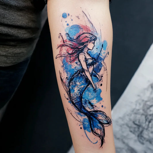 Blue Trash Polka Mermaid Tattoo