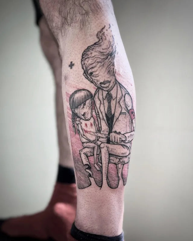 little girl and man with knife darkwork illustrative tattoo on leg