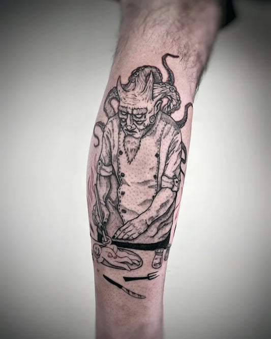 black and grey creepy chef devil darkwork tattoo on man leg