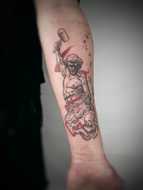 thor greek man with hammer darkwork tattoo on forearm