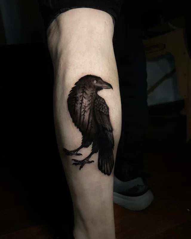 crow raven blackwork tattoo on leg