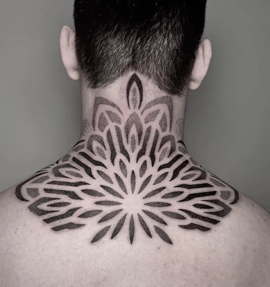 geometric dotwork tattoo on man neck back