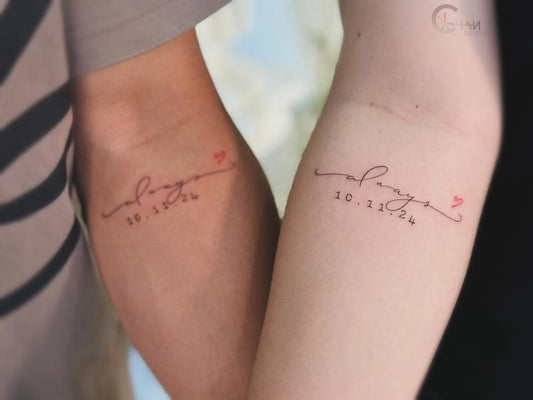 couple matching always calligraphy font tattoo with dates