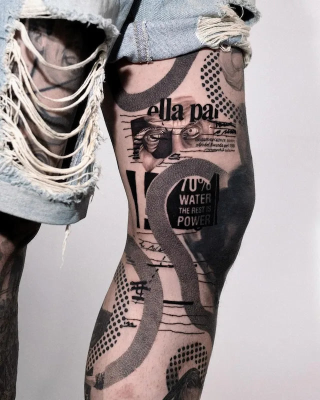 black and grey realism abstract tattoo full leg sleeve