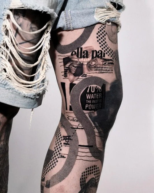 black and grey realism abstract tattoo full leg sleeve