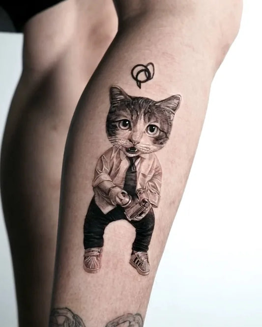 black and grey realism cat head human tattoo on leg